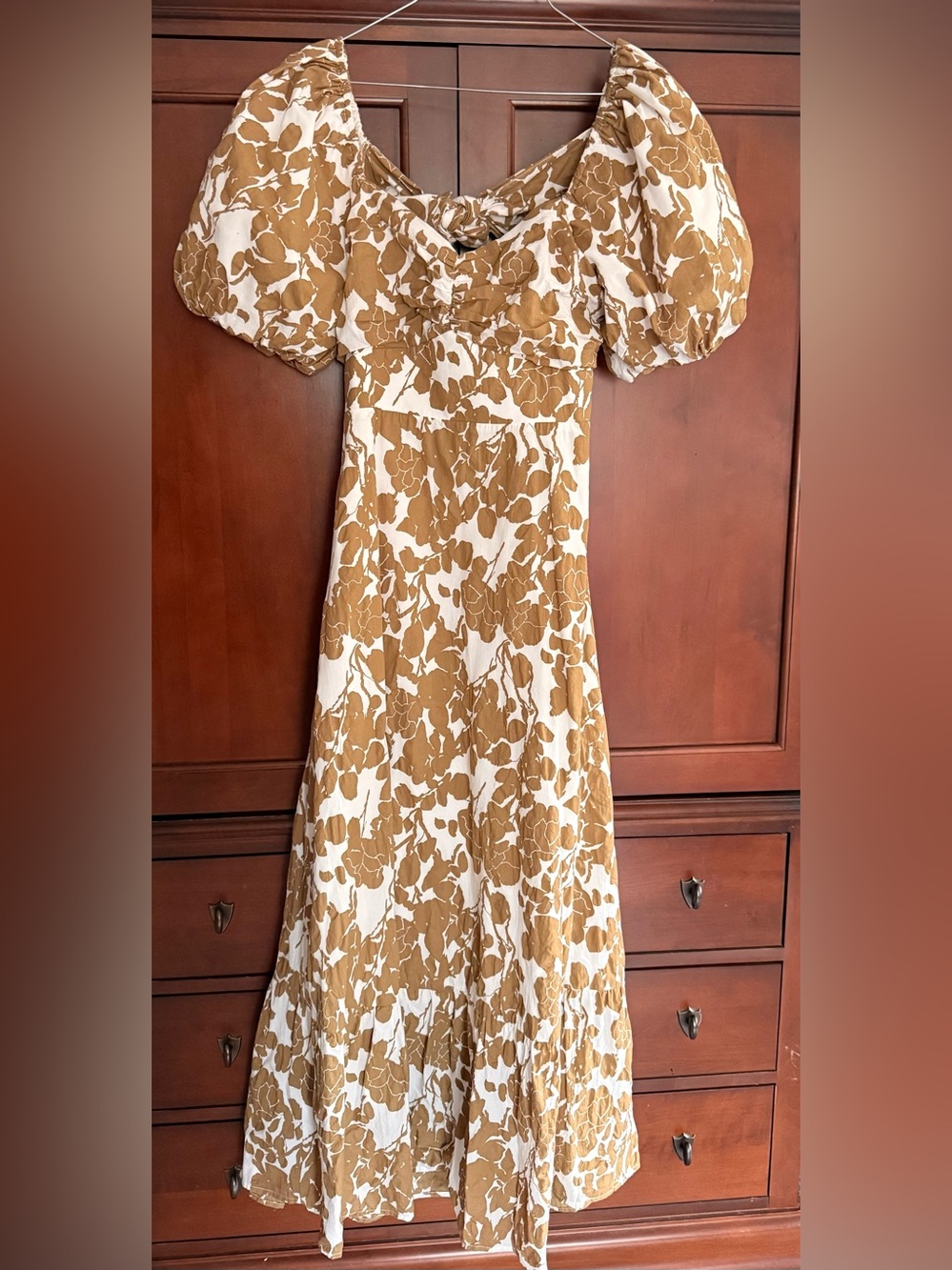 Free the Roses White and Brown Floral Maxi Dress with Puff Sleeves
